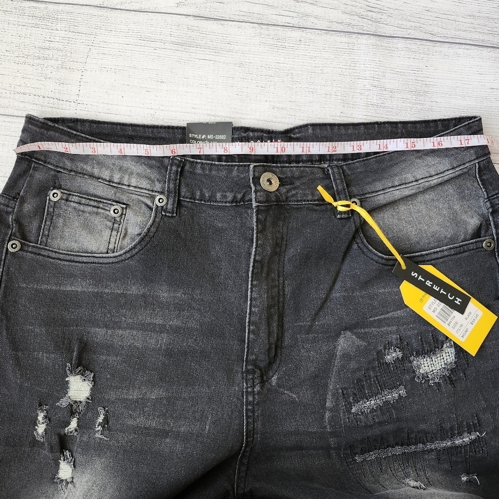 Men's Distressed Skinny Fit Black Denim Shorts With Stretch - Picture 9 of 11